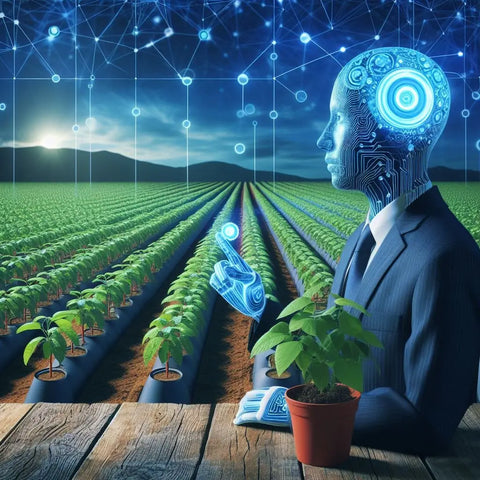 AI-enhanced humanoid with glowing brain nurturing plant in permaculture field.