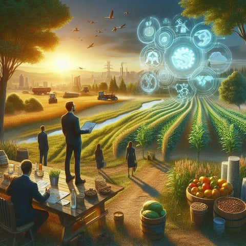 Futuristic agriculture with holographic tech over crop fields at sunset.
