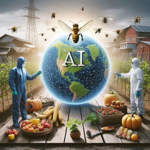 A glowing globe labeled ’AI’ with bees and agricultural produce, showcasing sustainable pest control.