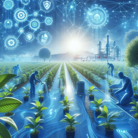 Workers in futuristic field using tech to improve water efficiency in organic farming.