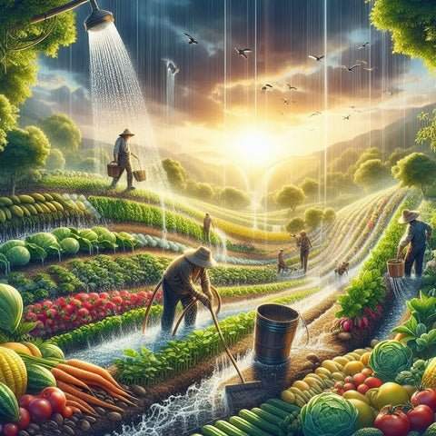 Farmers tending lush gardens under a giant shower head in a surreal agricultural landscape.