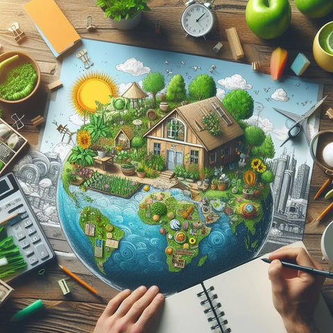 Illustration of sustainable living with a globe, house, and art supplies on a wooden surface.