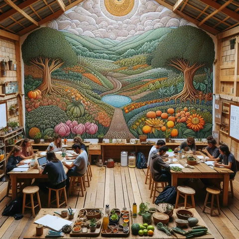 Vibrant mural of a lush landscape, trees, flowers, and path in eco-friendly living workshop