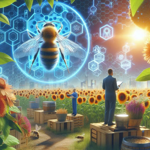 Bee surrounded by glowing blue interface with hexagons representing pollinator threat.