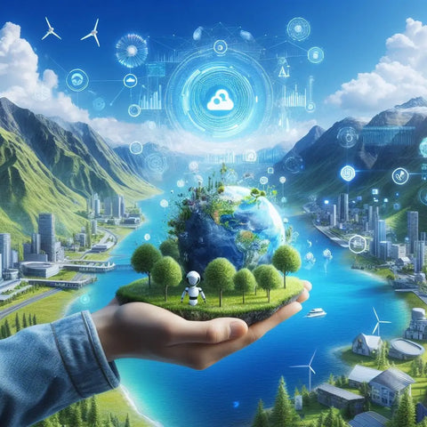 Hand holding miniature eco-friendly world with floating futuristic technology icons.