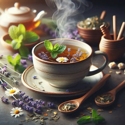 Steaming herbal tea with mint and chamomile flower - The Timeless Healing Power of Medicinal Teas