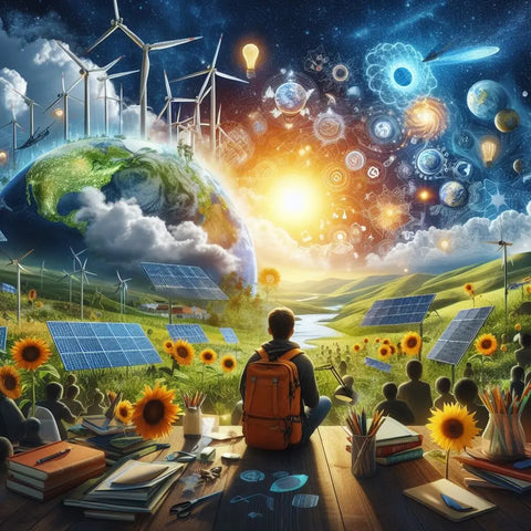 Imaginative scene of renewable energy and space exploration symbolizing experiential learning.