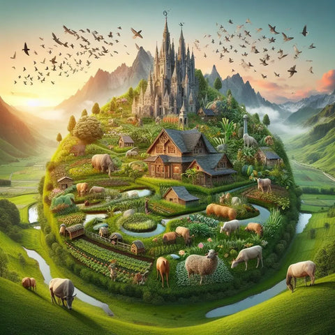 Fantastical island with medieval castle, village, and farmland in ’The Rise of Eco-Friendly Agritourism.