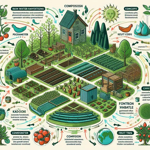 Illustrated diagram of a sustainable garden or farm layout with eco-friendly practices.