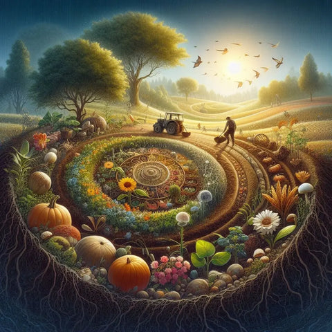 Circular garden with a spiral of colorful flowers, vegetables, and fruits in healthy soil.