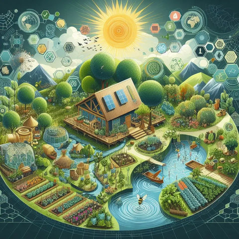 Colorful eco-village with sustainable agriculture and renewable energy systems.