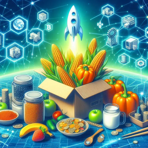 Open cardboard box with fresh produce and tech symbols, highlighting blockchain in organic food.