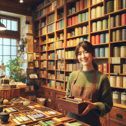 Woman in green sweater and apron holding a box in a colorful loose leaf tea shop.