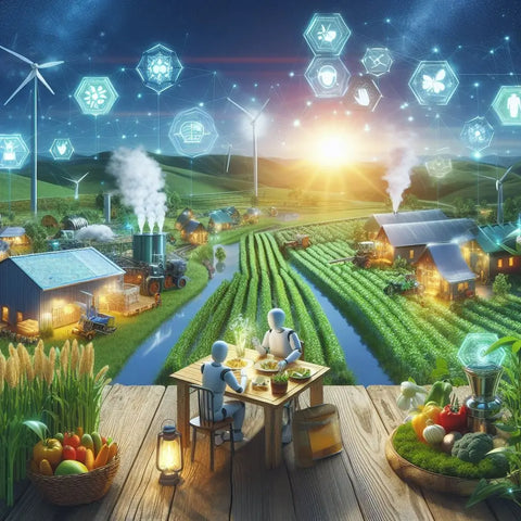 Futuristic agricultural landscape with holograms and sustainable energy in eco-friendly tourism.