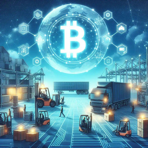 Glowing Bitcoin symbol with blockchain icons in a holographic sphere, Blockchain in Supply Chains.