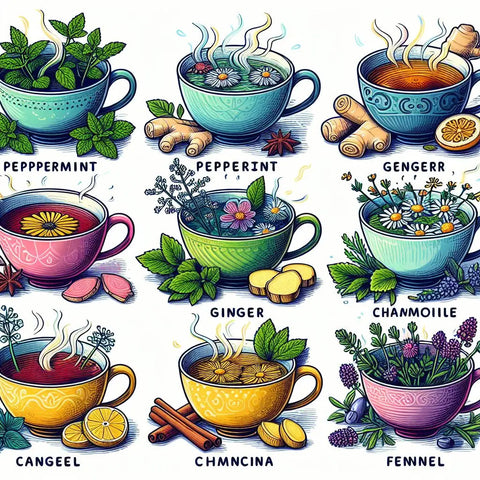 Colorful herbal teas and ingredients in decorative cups for soothing stomach aches.