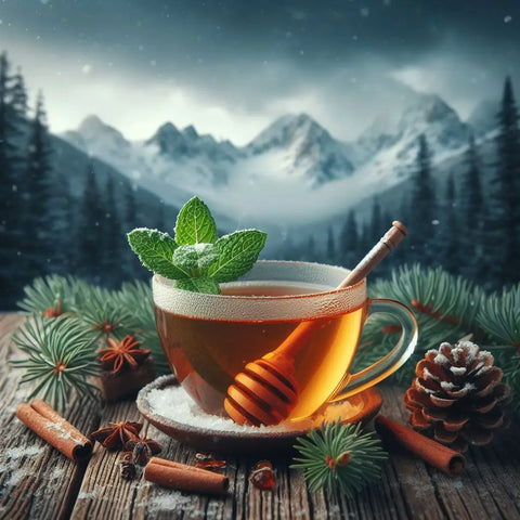 Cup of tea with honey dipper, mint leaves, winter spices, and pine elements for health benefits.