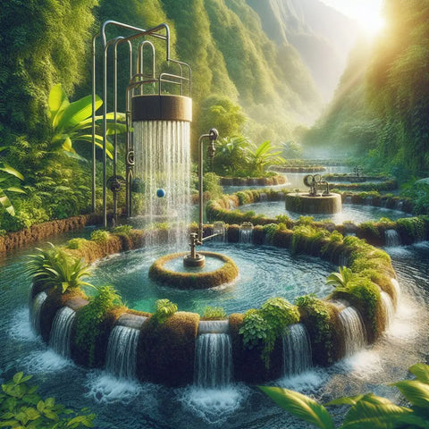 Fantastical outdoor shower with circular pool and waterfalls in a lush jungle permaculture.