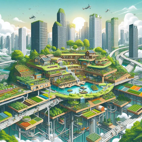 Futuristic eco-city with skyscrapers and green spaces illustrating urban permaculture resilience.