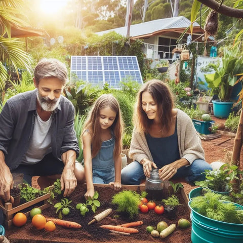 Family gardening in a lush backyard with solar panels, promoting permaculture gardens.