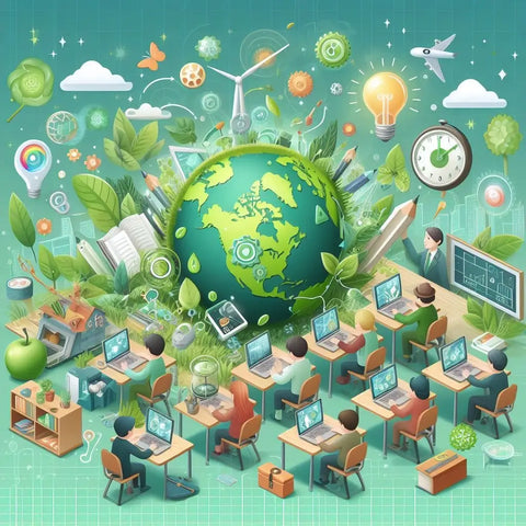 Globe surrounded by sustainability, technology, and education symbols in green education article.