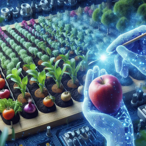 Futuristic digital farm using holographic technology to enhance eco-friendly permaculture.