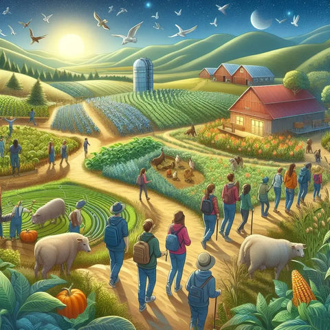 Vibrant permaculture farm with diverse crops and animals under a surreal sky.