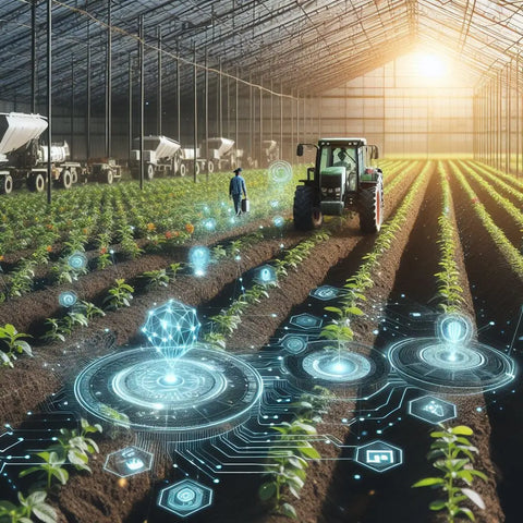 Futuristic greenhouse with digital displays and a tractor amid crops for sustainable farming.