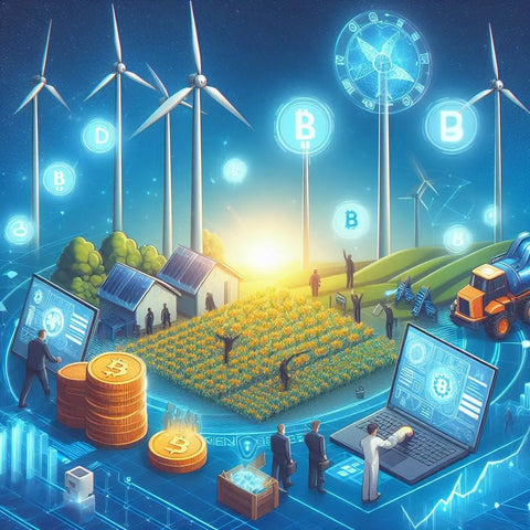 Futuristic agricultural landscape integrating renewable energy, cryptocurrency, and digital tech.