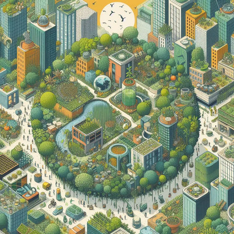 Futuristic green city with park, skyscrapers, and people; urban resilience through permaculture.