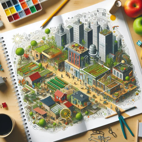Sketch of a sustainable urban cityscape with green roofs and gardens in a sketchbook.