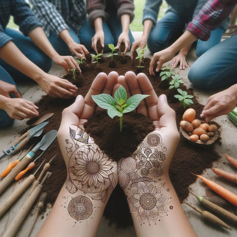 Hands with floral tattoos holding soil and a seedling, representing sustainable farming.