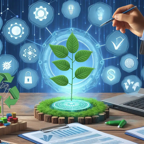 Green plant hologram with tech and eco icons in ’Transparent and Ethical Eco-Friendly Products’