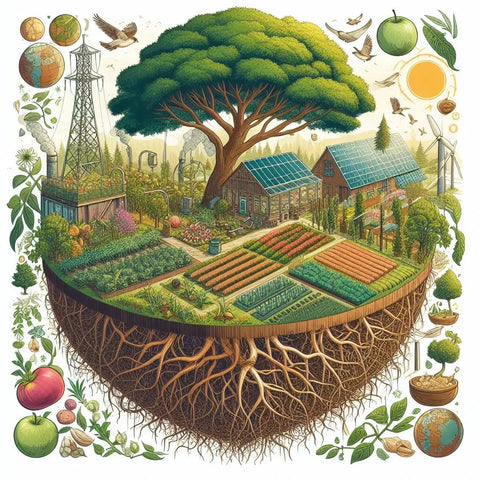 Circular ecosystem with tree, garden plots, houses, and roots; sustainable agroforestry.