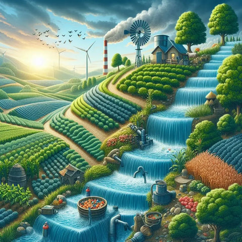 Surreal landscape showcasing permaculture farming with agriculture, wind turbines, and natural beauty.