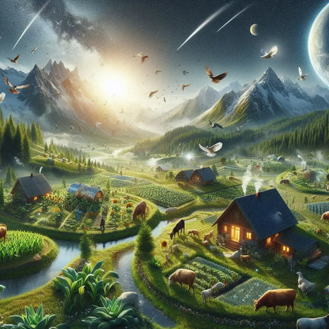 Surreal landscape with mountains, forests, farms, and celestial bodies in Eco-Friendly Agritourism.