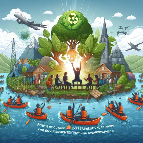 Illustration of an island community promoting environmental education and sustainability.