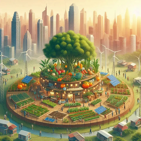 Circular urban farm with central tree, garden plots, and sustainable energy features.