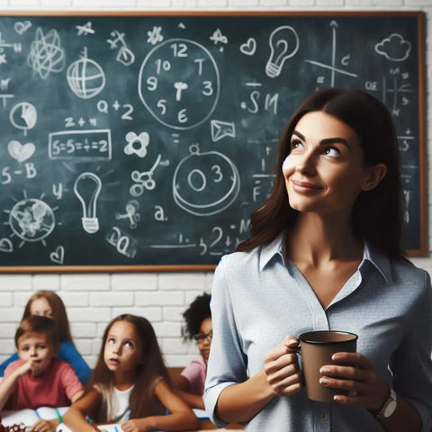Woman holding coffee mug in front of chalkboard with drawings in ’The Rise of Tea Teacher Certification’.