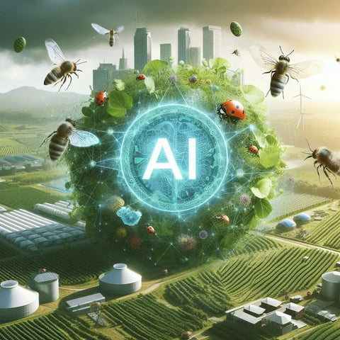 Glowing AI sphere amidst plants, insects, and a digital network in sustainable pest control.