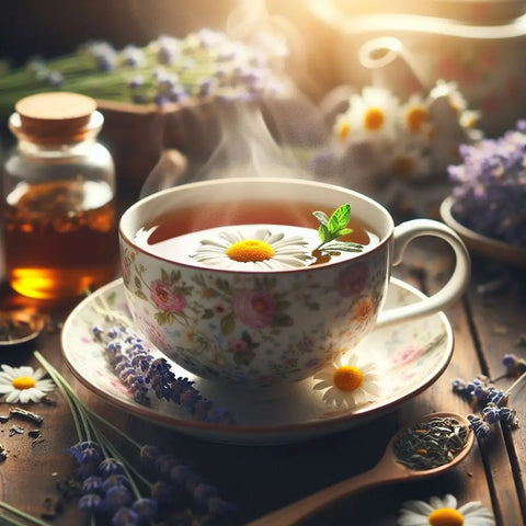 Cup of chamomile tea with floating flower on floral saucer in ’The Timeless Healing Power of Medicinal Teas’.
