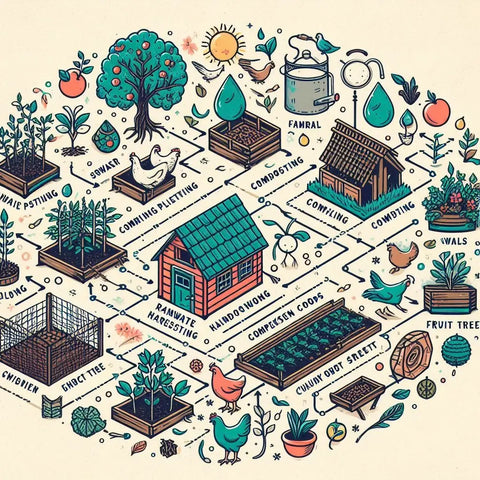 Illustrated diagram showcasing key gardening and homesteading practices for permaculture.