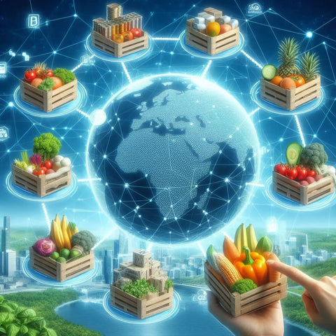 Blockchain Technology in Organic Produce Supply Chains: Digital Globe with Fruits and Vegetables