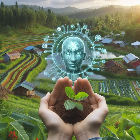 Hands holding soil with a sprouting plant, overlaid with a digital face graphic.