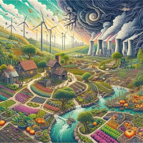 Surreal landscape of renewable vs non-renewable energy and vibrant agriculture.