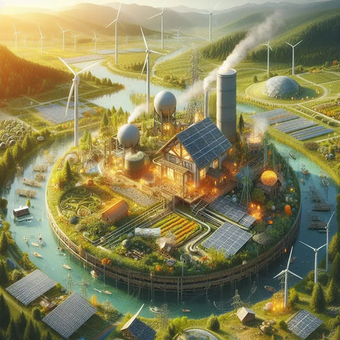 Futuristic eco-friendly community on circular island with diverse renewable energy sources.