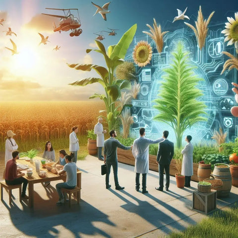 A futuristic agricultural scene blending traditional farming with advanced technology.