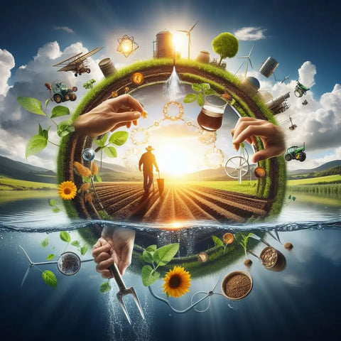 Circular collage of sustainable energy, agriculture, and human progress in an environment article.