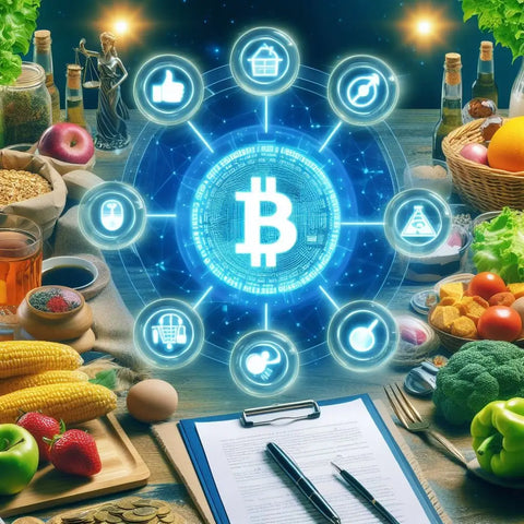 Holographic Bitcoin logo with blockchain tech icons from ’Blockchain: Boosting Organic Food Trust’.