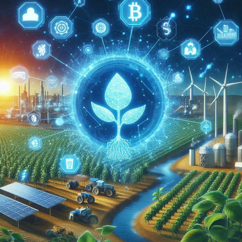 Glowing blue plant icon with tech and cryptocurrency symbols - Sustainable Agriculture Challenges.